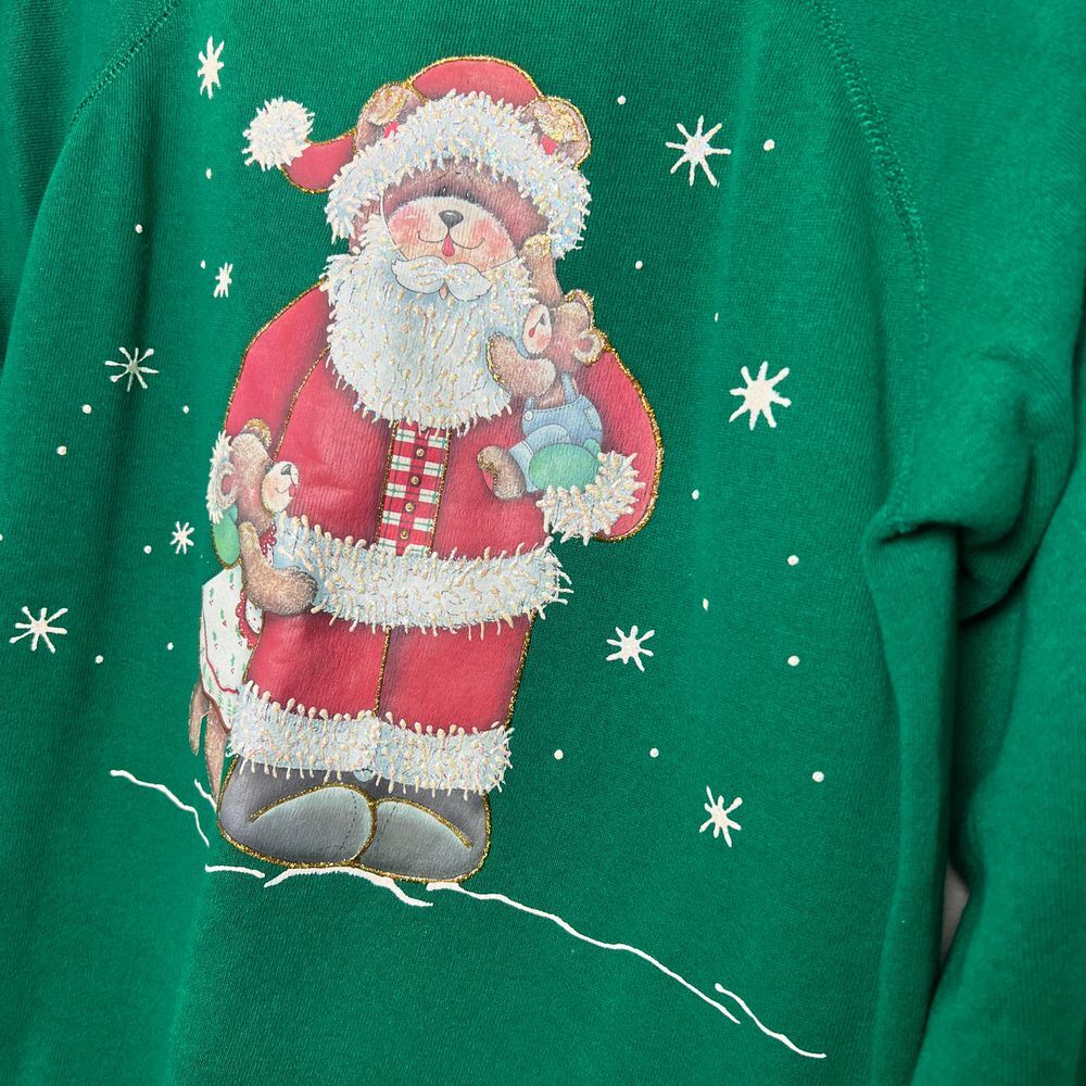 Vintage Hanes Sport M Green Christmas Sweatshirt Santa Bear Graphic Holiday - Picture 2 of 4